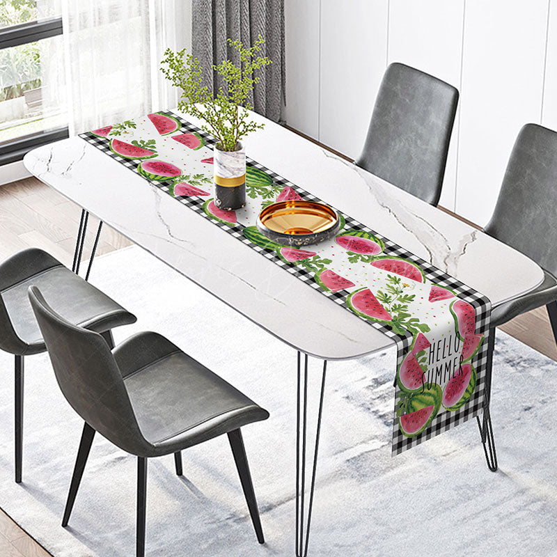 Lofaris Summer Watermelon Table Runner with Black Gingham Plaid for Farmhouse Kitchen and Outdoor BBQ Dining