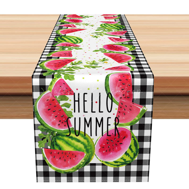 Lofaris Summer Watermelon Table Runner with Black Gingham Plaid for Farmhouse Kitchen and Outdoor BBQ Dining