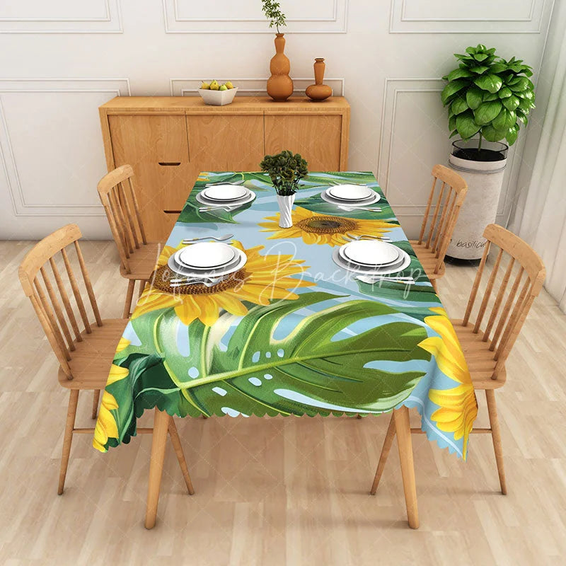 Lofaris Sunflower and Tropical Monstera Rectangle Tablecloth Large Floral Sky Blue Table Cover Summer Decor