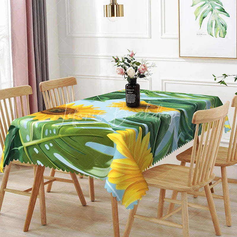 Lofaris Sunflower and Tropical Monstera Rectangle Tablecloth Large Floral Sky Blue Table Cover Summer Decor