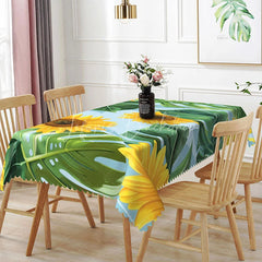 Lofaris Sunflower and Tropical Monstera Rectangle Tablecloth Large Floral Sky Blue Table Cover Summer Decor