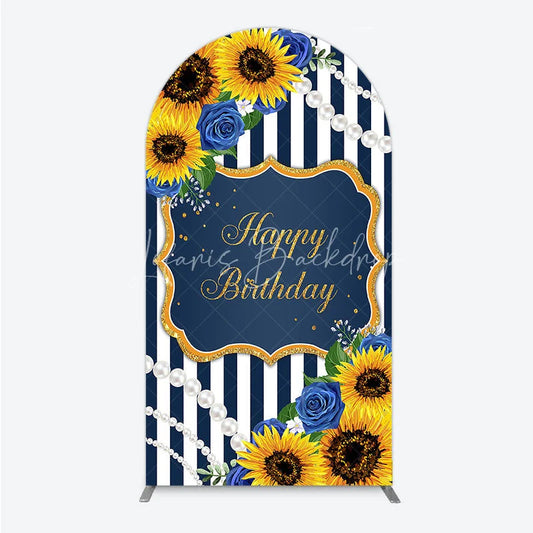 Lofaris Sunflower Blue Rose Birthday Arch Backdrop Navy Stripe Floral Party Decoration Gold Frame Pearl Background