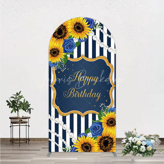 Lofaris Sunflower Blue Rose Birthday Arch Backdrop Navy Stripe Floral Party Decoration Gold Frame Pearl Background