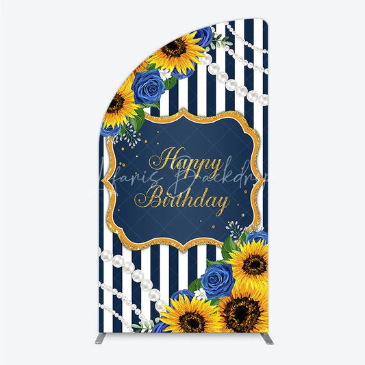 Lofaris Sunflower Blue Rose Birthday Half Moon Arch Backdrop Navy Stripe Floral Party Decoration Gold Frame Pearl Background