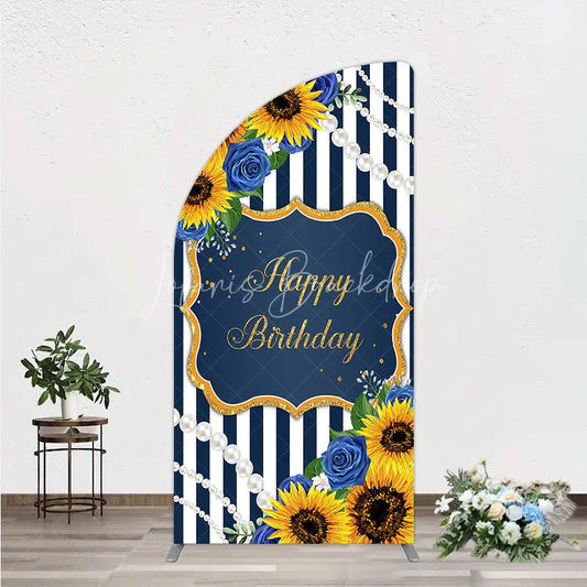Lofaris Sunflower Blue Rose Birthday Half Moon Arch Backdrop Navy Stripe Floral Party Decoration Gold Frame Pearl Background