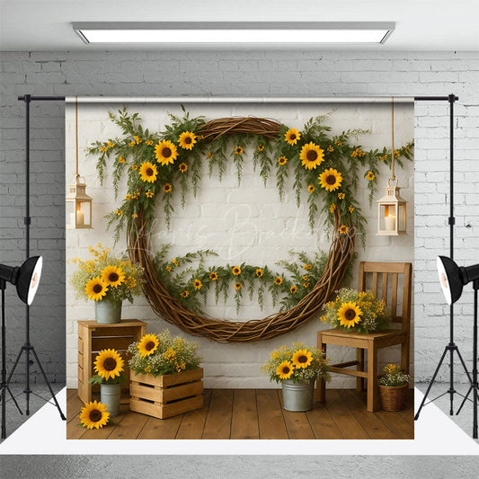 Lofaris Sunflower Circle Boho White Brick Wedding Backdrop
