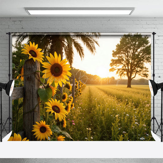 Lofaris Sunflower Fence Trees Summer Field Photo Backdrop
