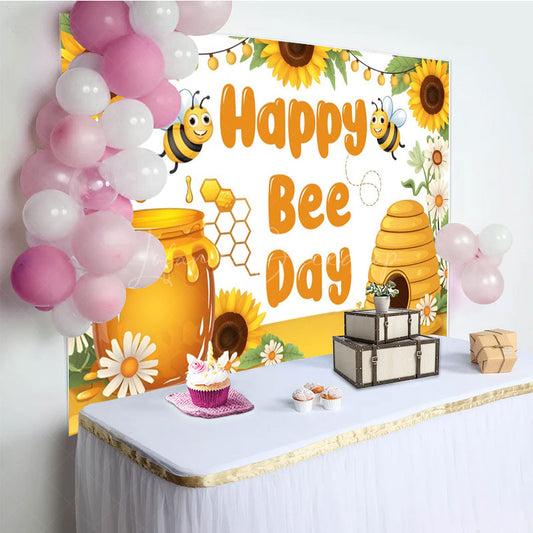 Lofaris Sunflower Happy Bee Day Cartoon Birthday Backdrop
