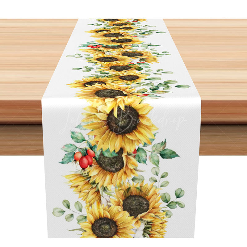 Lofaris Sunflower Spring Theme Table Runner Yellow Floral on a White Background Fresh Farmhouse Kitchen or Dining Decor