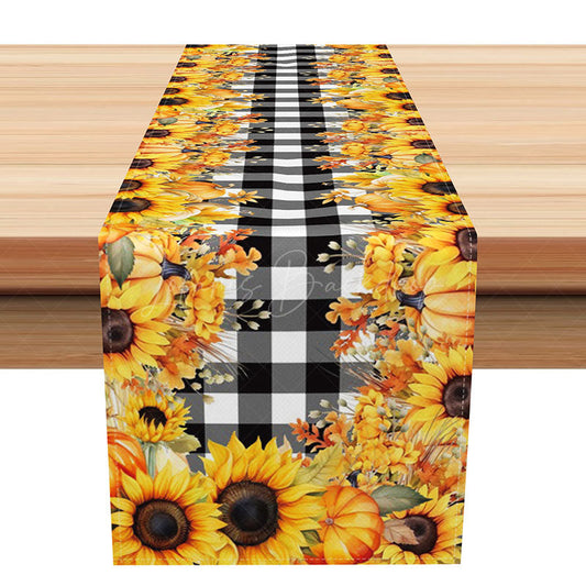 Lofaris Sunflower Table Runner with Black and White Buffalo Plaid for Modern Farmhouse Fall Kitchen Decor