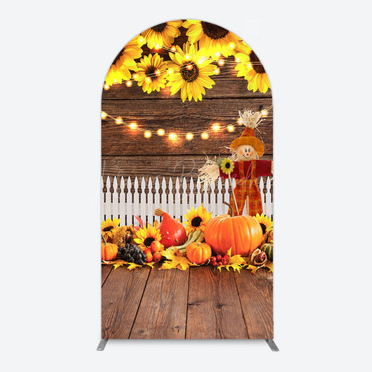 Lofaris Sunflowers Pumpkin Autumn Wood Fence Arch Backdrop