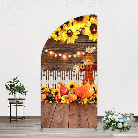Lofaris Sunflowers Pumpkin Autumn Wood Fence Half Moon Arch Backdrop