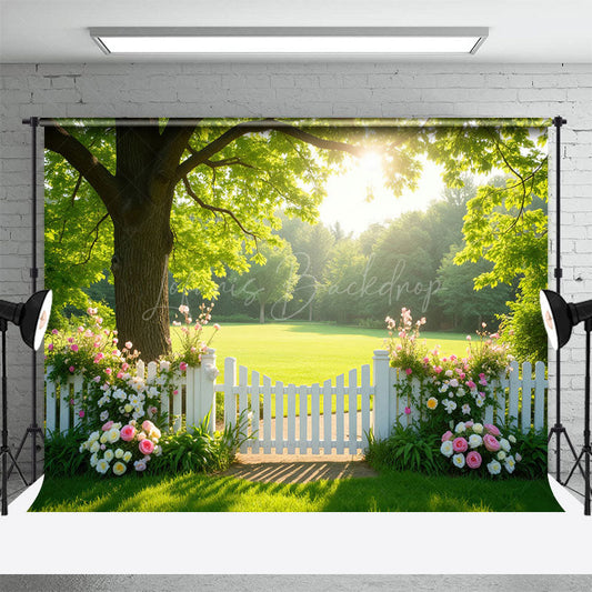 Lofaris Sunlight Green Grass Tree Floral Fence Summer Backdrop
