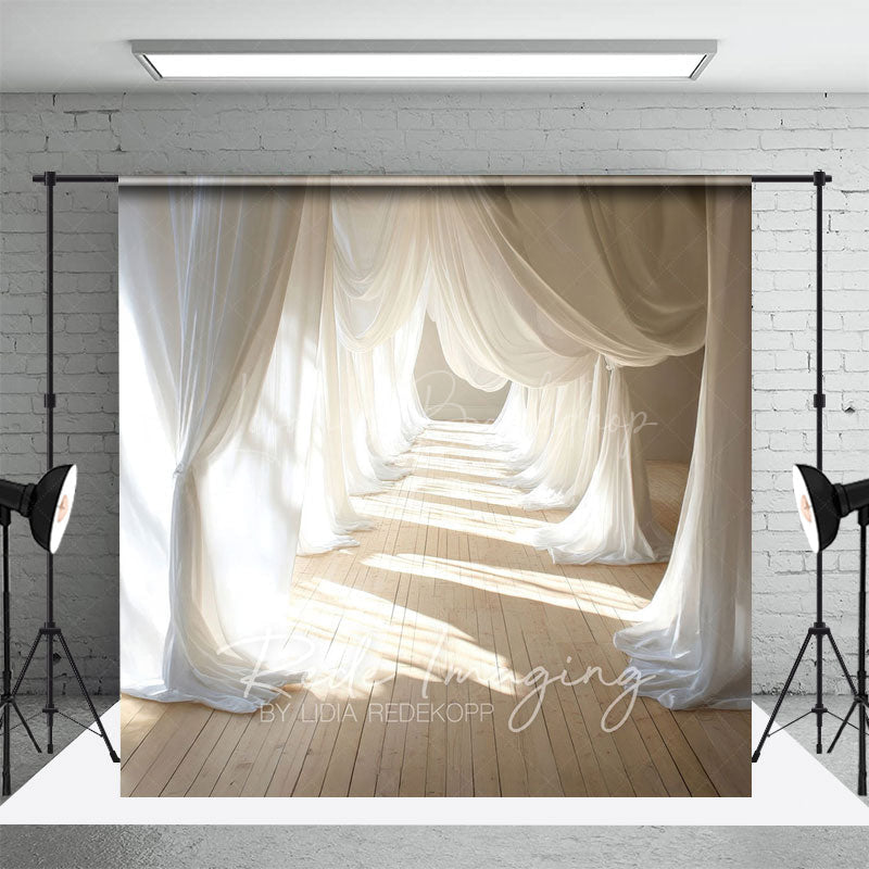 Lofaris Sunlight White Flowy Drapery Wood Floor Backdrop