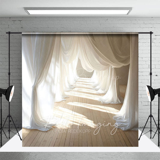 Lofaris Sunlight White Flowy Drapery Wood Floor Backdrop