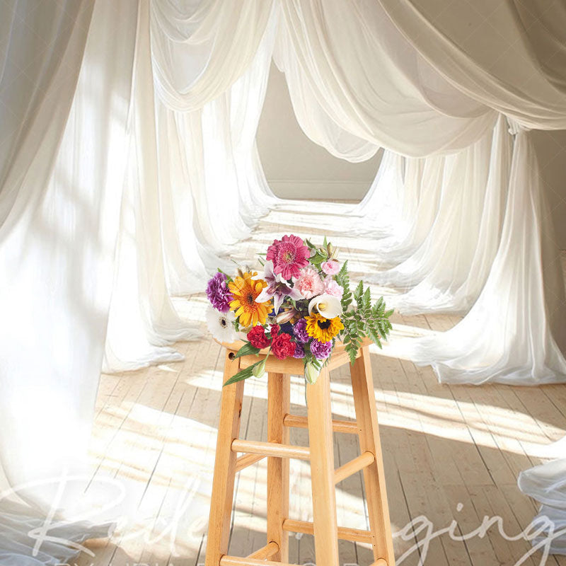 Lofaris Sunlight White Flowy Drapery Wood Floor Backdrop