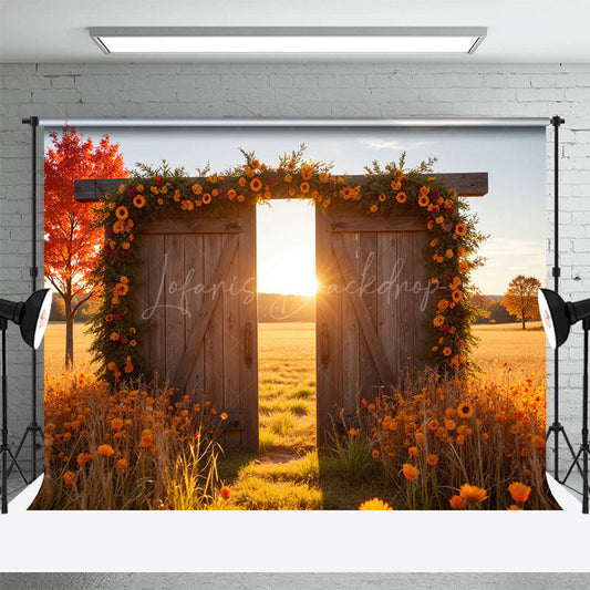 Lofaris Sunlight Wood Door Autumn Field Photography Backdrop