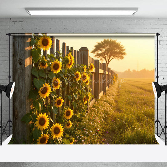 Lofaris Sunlight Wood Fence Sunflower Summer Field Backdrop