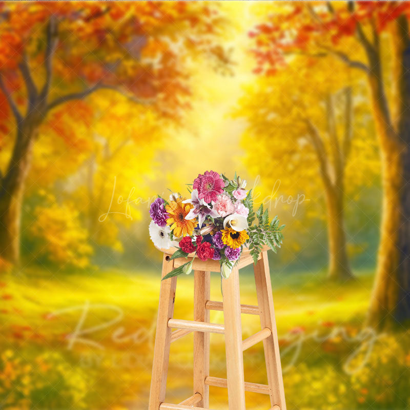Lofaris Sunlit Autumn Forest Photography Backdrop Painterly Fall Scene with Yellow Leaves Thanksgiving Photo Background