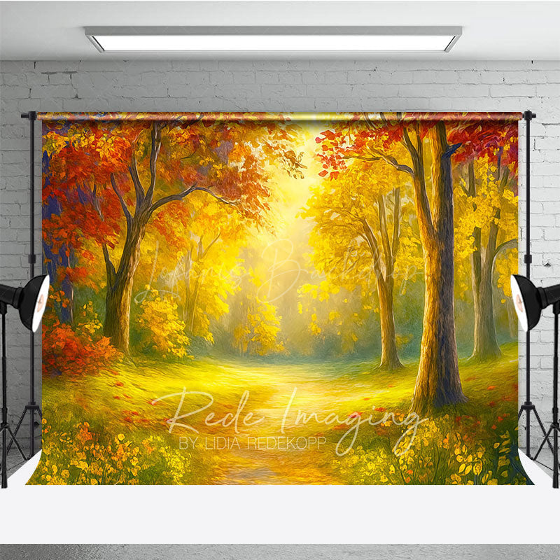 Lofaris Sunlit Autumn Forest Photography Backdrop Painterly Fall Scene with Yellow Leaves Thanksgiving Photo Background