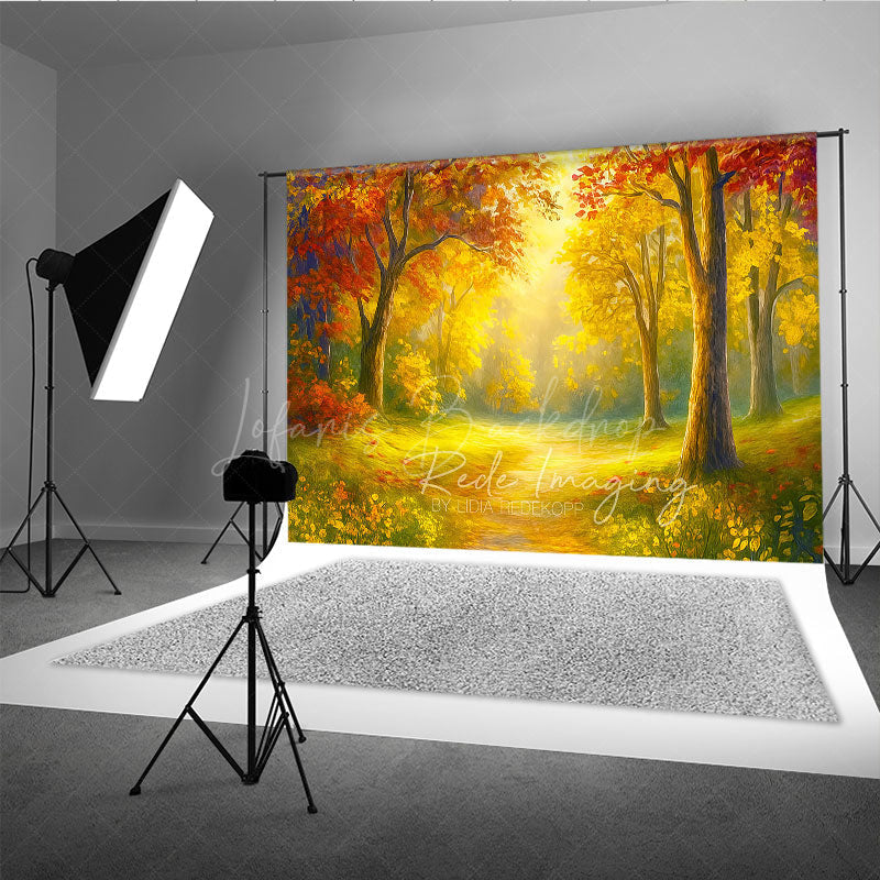 Lofaris Sunlit Autumn Forest Photography Backdrop Painterly Fall Scene with Yellow Leaves Thanksgiving Photo Background