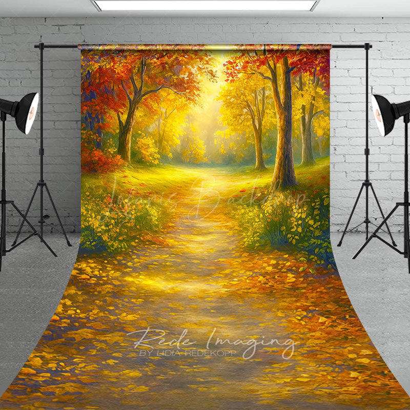 Lofaris Sunlit Autumn Forest Sweep Backdrop Painterly Fall Scene with Yellow Leaves Thanksgiving Photo Floor Drop