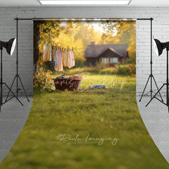 Lofaris Sunny Backyard Clothesline Photography Backdrop Summer Green Grass Rustic House Landscape Background