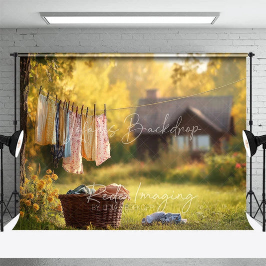 Lofaris Sunny Garden Cottage Backdrop Laundry Line and Flowers Spring Photography Background Rustic Country Scene