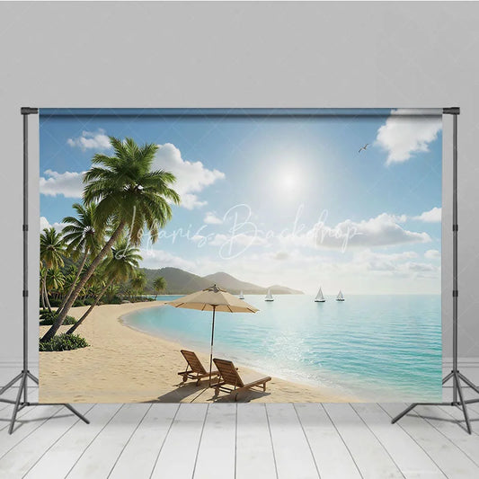 Lofaris Sunny Tropical Beach Photography Backdrop with Lush Palm Trees Turquoise Ocean and Relaxing Chairs