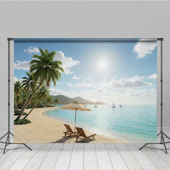Lofaris Sunny Tropical Beach Photography Backdrop with Lush Palm Trees Turquoise Ocean and Relaxing Chairs
