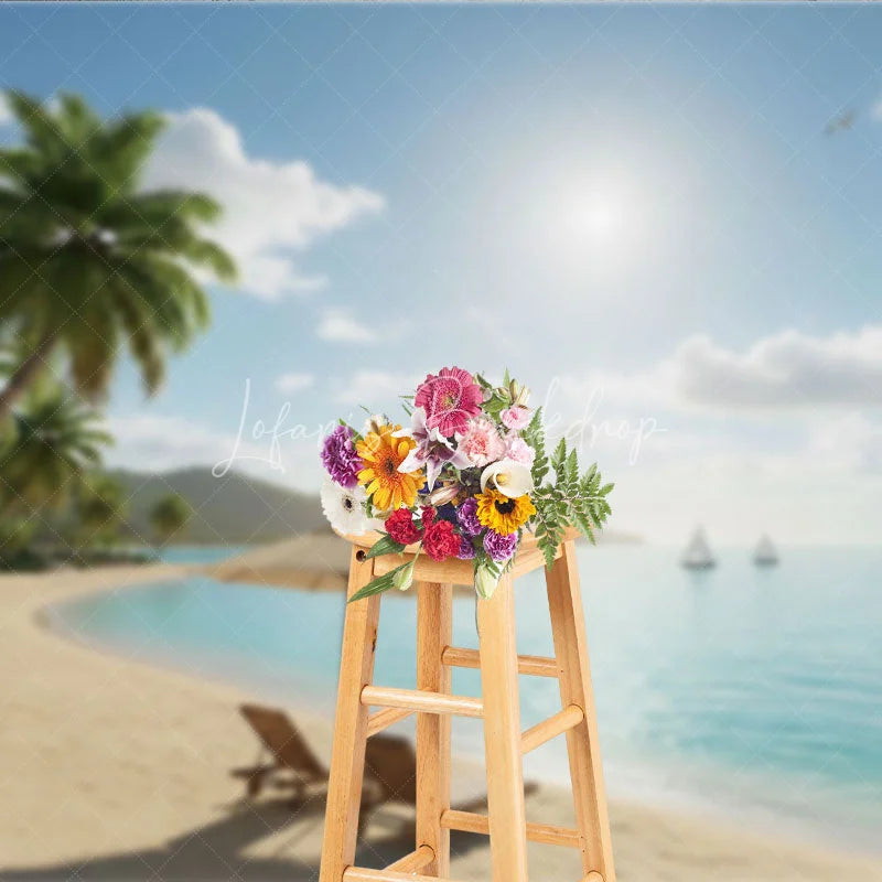Lofaris Sunny Tropical Beach Photography Backdrop with Lush Palm Trees Turquoise Ocean and Relaxing Chairs