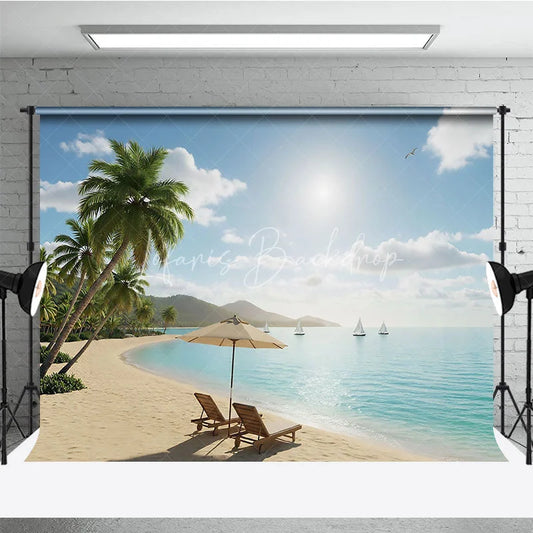 Lofaris Sunny Tropical Beach Photography Backdrop with Lush Palm Trees Turquoise Ocean and Relaxing Chairs