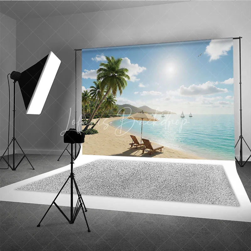 Lofaris Sunny Tropical Beach Photography Backdrop with Lush Palm Trees Turquoise Ocean and Relaxing Chairs