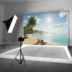 Lofaris Sunny Tropical Beach Photography Backdrop with Lush Palm Trees Turquoise Ocean and Relaxing Chairs