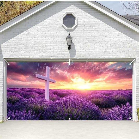 Lofaris Sunrise Purple Floral Cross Easter Garage Door Banner
