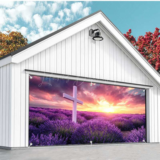Lofaris Sunrise Purple Floral Cross Easter Garage Door Banner