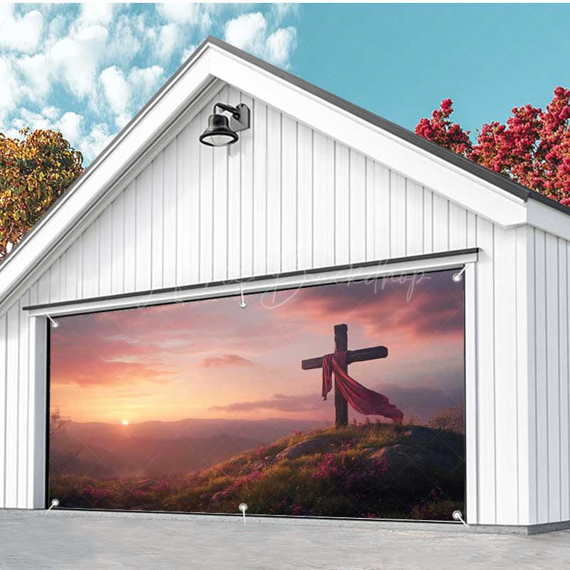 Lofaris Sunrise Sky Mountain Field Cross Garage Door Banner