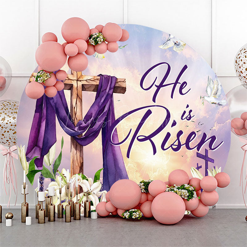 Lofaris Sunset Floral Cross He Is Risen Round Easter Backdrop