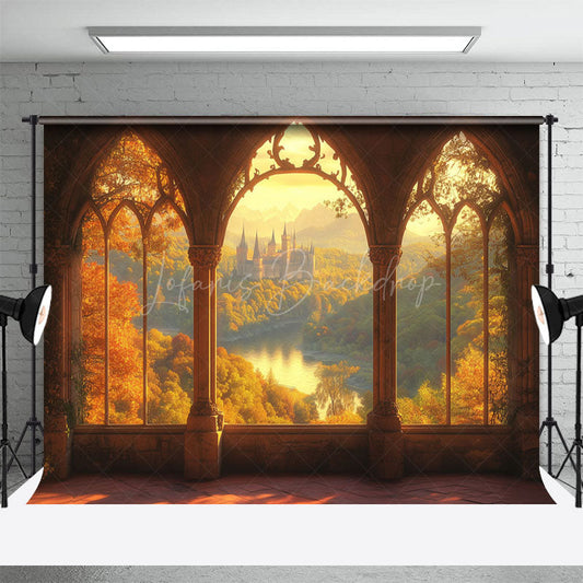 Lofaris Sunset Forest Castle Window View Photography Backdrop