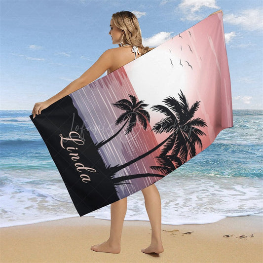 Lofaris Sunset Palm Trees Beach Custom Name Towel