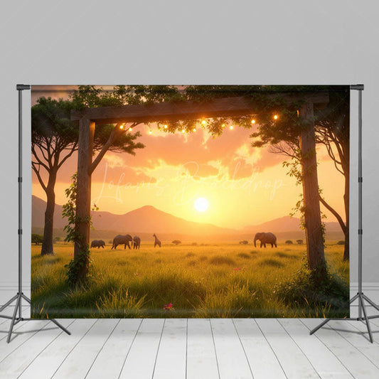 Lofaris Sunset Prairie Elephant Herd Natural Scene Backdrop