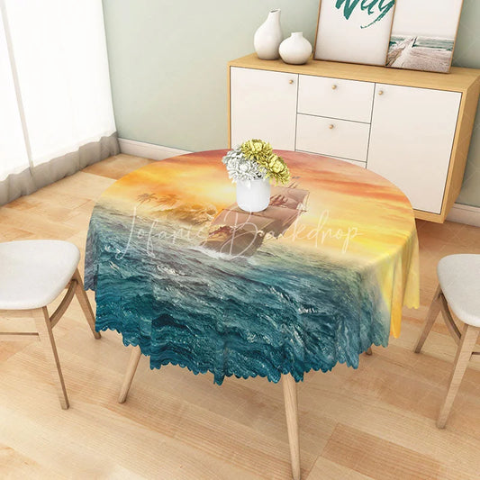 Lofaris Sunset Sea Monster and Boat Round Tablecloth for Mythical Kraken Nautical Themed Decor