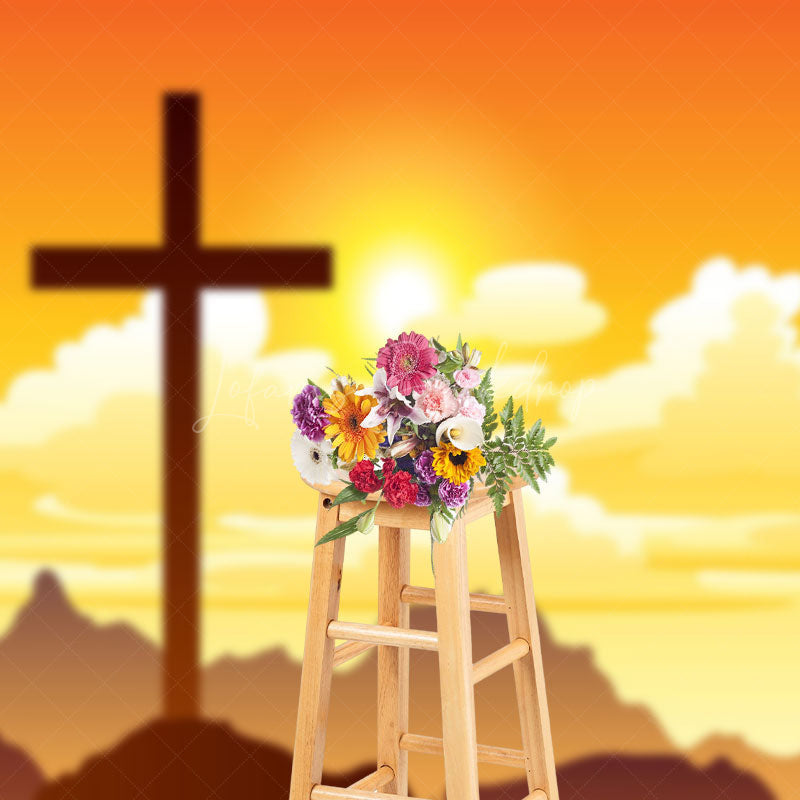 Lofaris Sunset Sky Clouds Mountain Cross Easter Backdrop