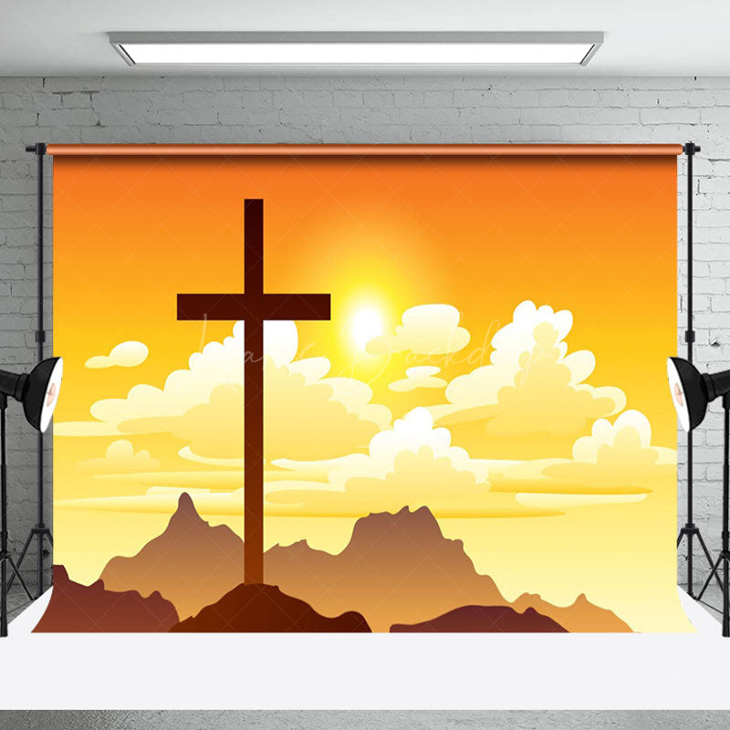 Lofaris Sunset Sky Clouds Mountain Cross Easter Backdrop
