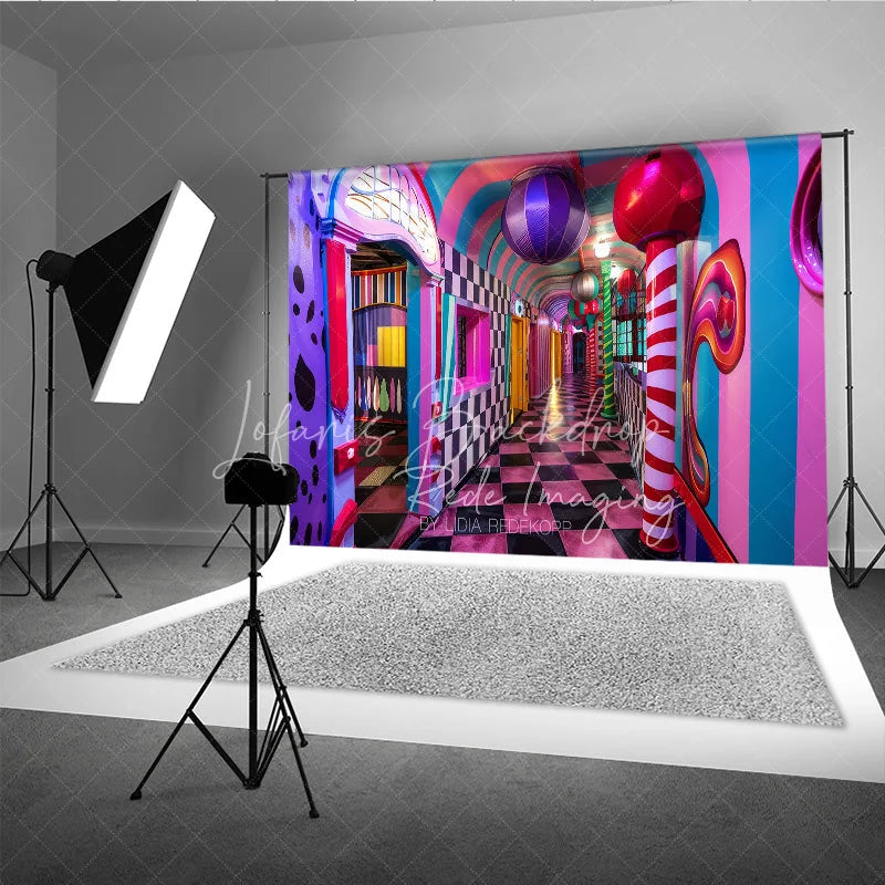 Lofaris Surreal Candy Hallway Fine Art Backdrop Checkered Floor and Sweet Lollipops Photography Studio Background