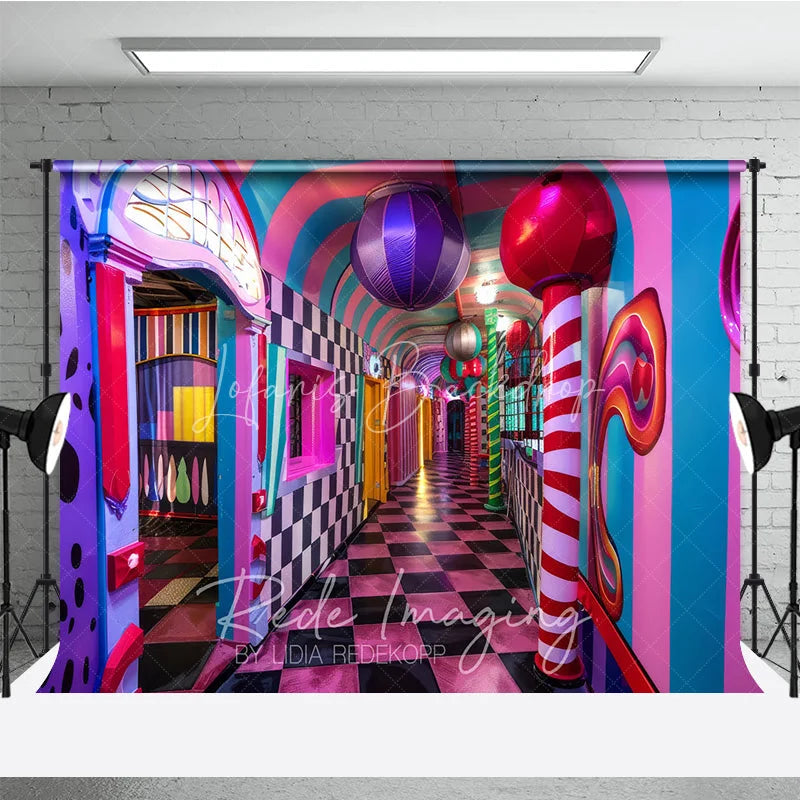 Lofaris Surreal Candy Hallway Fine Art Backdrop Checkered Floor and Sweet Lollipops Photography Studio Background