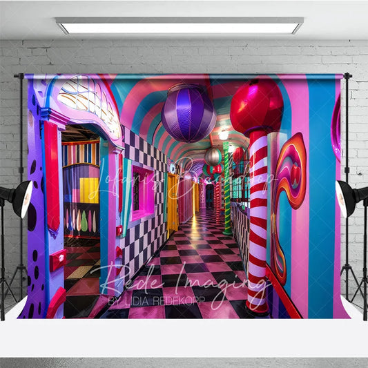 Lofaris Surreal Candy Hallway Fine Art Backdrop Checkered Floor and Sweet Lollipops Photography Studio Background