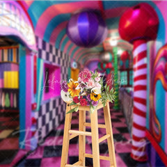 Lofaris Surreal Candy Hallway Fine Art Backdrop Checkered Floor and Sweet Lollipops Photography Studio Background