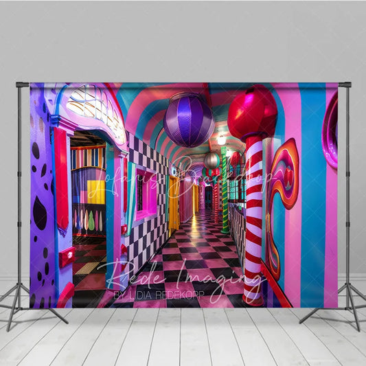 Lofaris Surreal Candy Hallway Fine Art Backdrop Checkered Floor and Sweet Lollipops Photography Studio Background