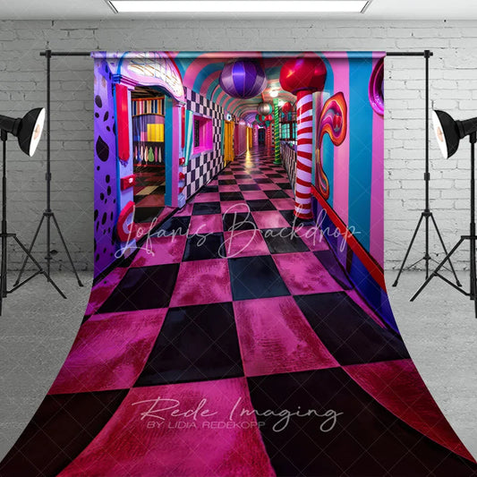 Lofaris Surreal Candy Hallway Fine Art Photography Backdrop Pink Checkered Floor Sweep Portrait Studio Background